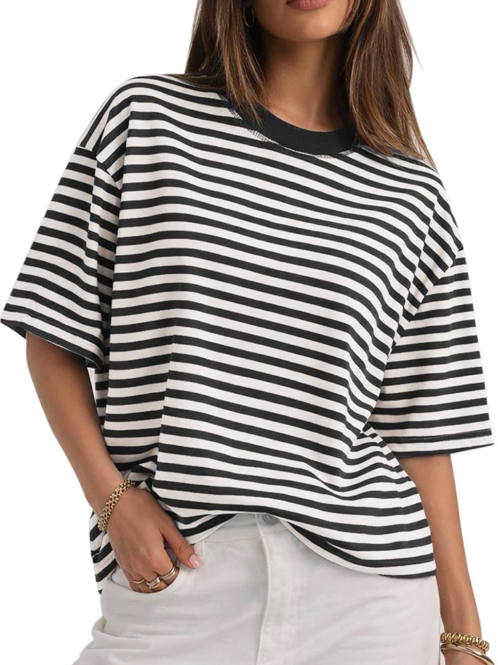 Women's Black & White Striped Crewneck Tee